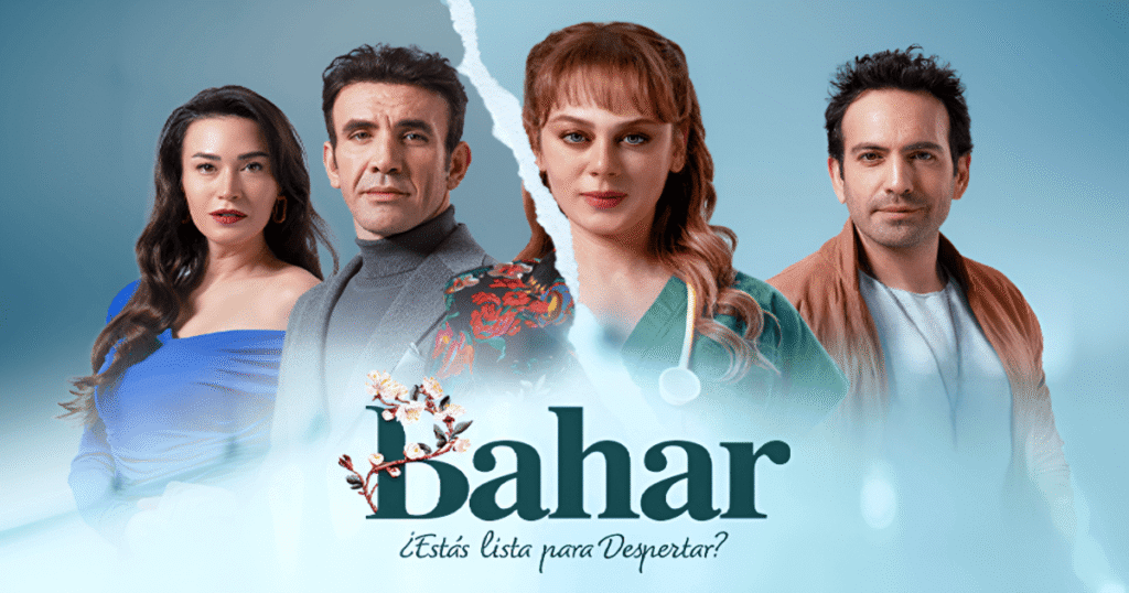 Póster oficial de Bahar: Esencia de Mujer, la nueva novela turca de Telemundo, con sus protagonistas Demet Evgar, Buğra Gülsoy y Mehmet Yılmaz Ak.
